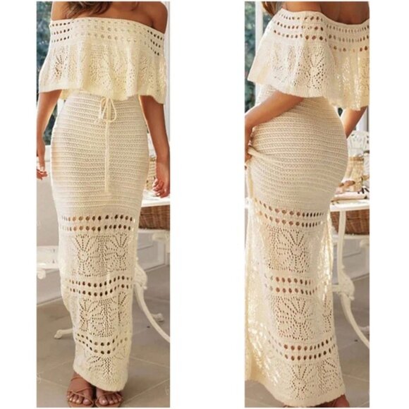 Boho Floral Crochet Off Shoulder High Waisted Maxi dress - Picture 1 of 2
